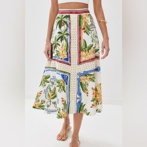 NWT FARM Rio midi skirt Small Tropical Destination linen off white S